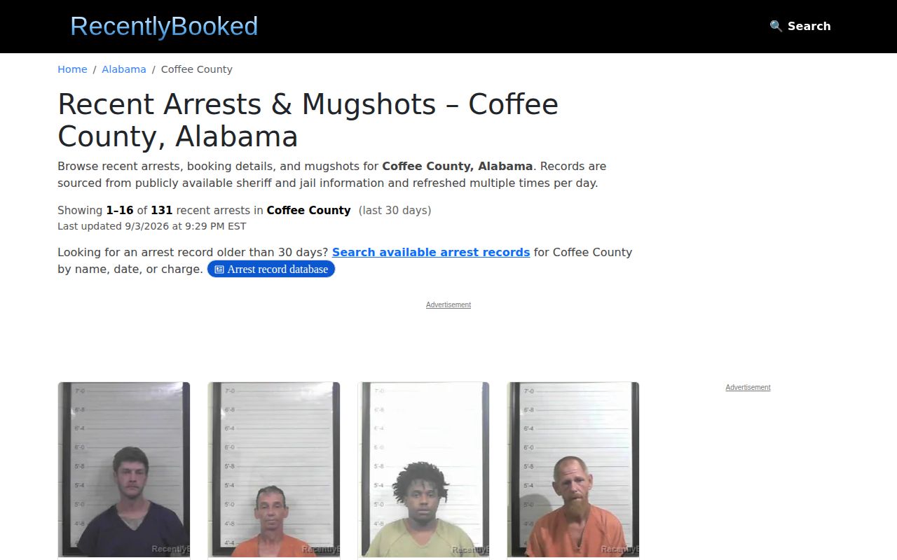 RecentlyBooked Coffee County section listing recent arrests and bookings
