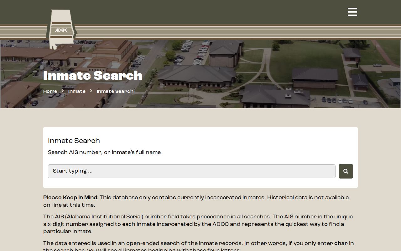 The ADOC offender search form shows its AIS, name, race, sex, birth year, and institution fields