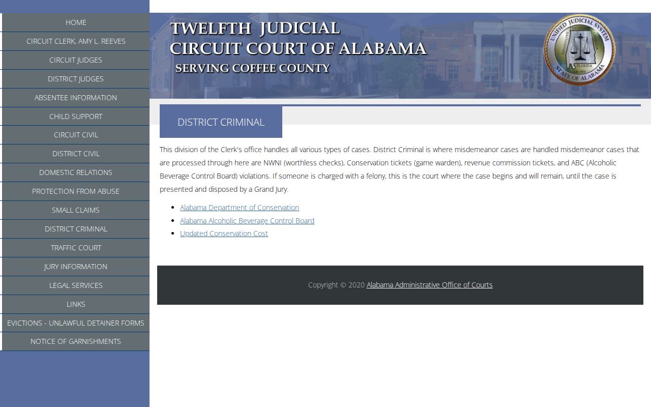 The Coffee County district criminal court page explains where misdemeanor and felony cases are heard