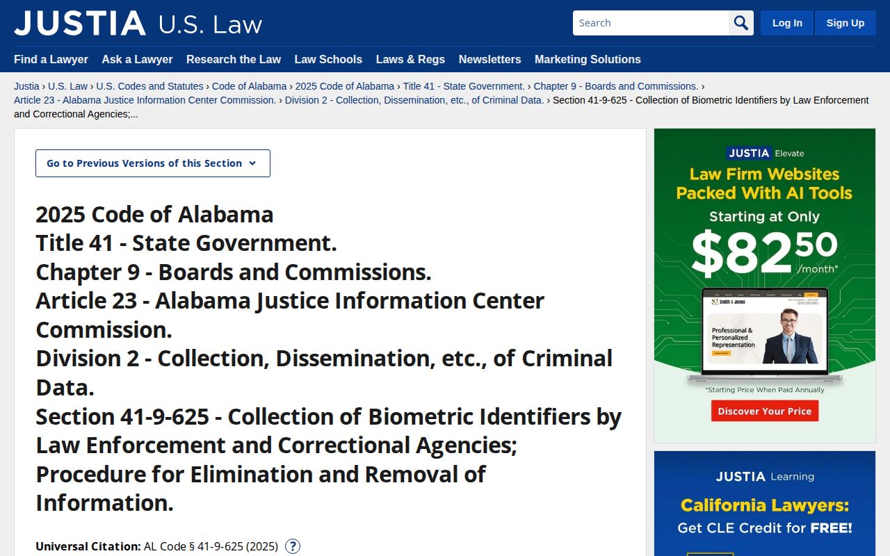 The Alabama biometric identifier statute text that relates to booking photographs