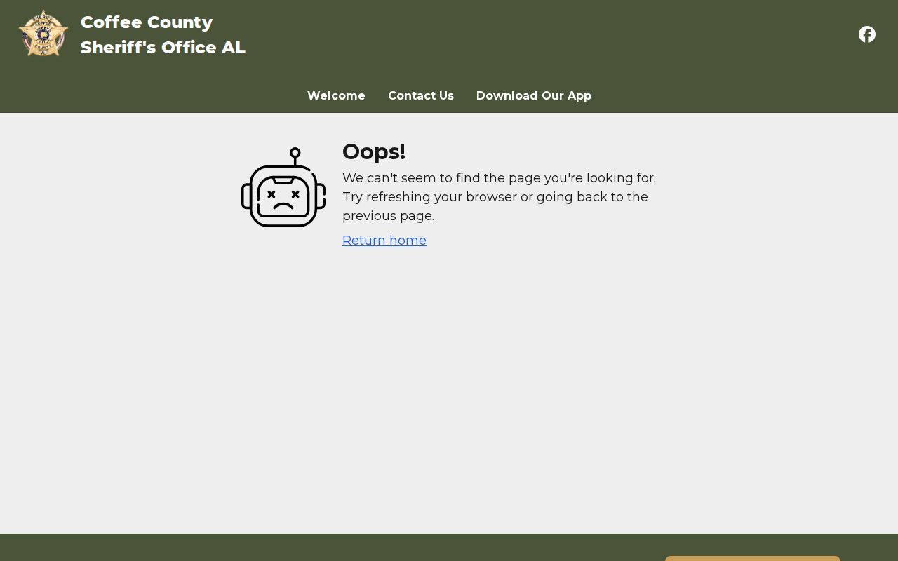 The former Coffee County roster URL now shows the sheriff site's not-found experience for booking lookups