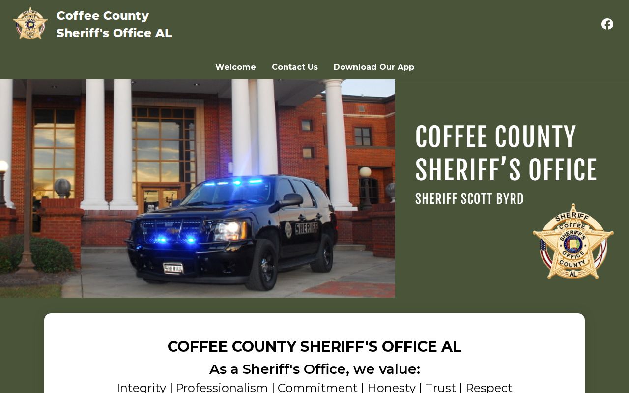 The official Coffee County Sheriff's Office home page shows contact details and links to the app and Facebook