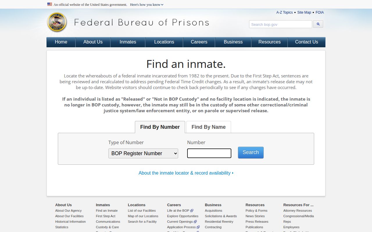Federal BOP inmate locator search form shown with Coffee County custody limits