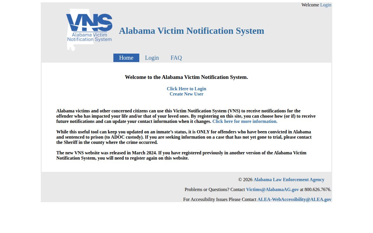 Alabama Victim Notification System scope screen for Coffee County custody alerts