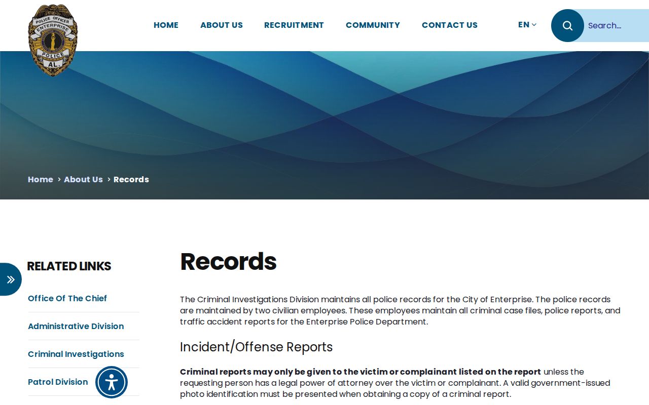 Enterprise Police Department records request page in Coffee County, Alabama
